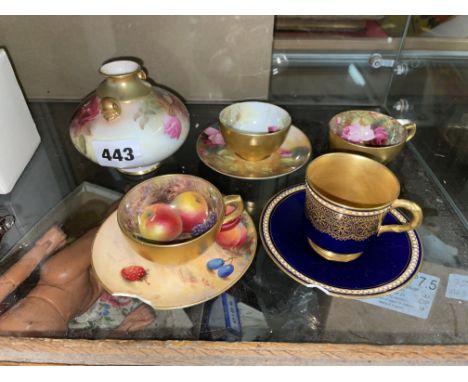 ROYAL WORCESTER CABBAGE ROSE PAINTED TEACUP AND SAUCER PAINTED BY TWIN AND ANOTHER CUP PAINTED BY TWIN, A SMALL BULBOUS AND G