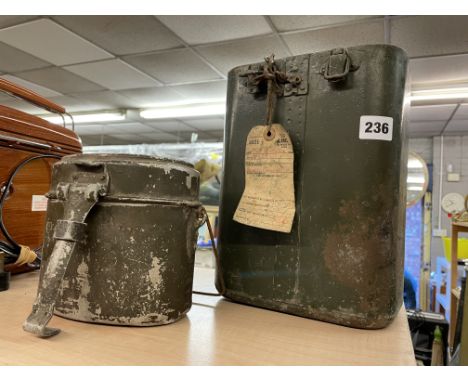 MILITARY GREEN ENAMEL PERISCOPE BOX AND A MILITARY BOX