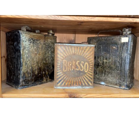TWO VINTAGE BP OIL CANS AND BRASSO TIN