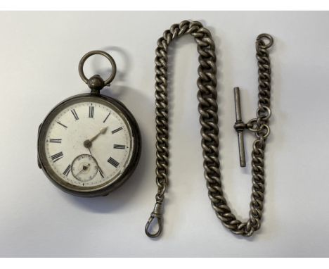 BIRMINGHAM SILVER CASED LEVER POCKET WATCH ON A SILVER GRADUATED LINK ALBERT CHAIN WITH T BAR, (CHAIN - 1.9OZ APPROX)