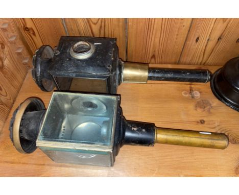 PAIR OF VINTAGE BLACK JAPANNED COACHING LANTERNS 