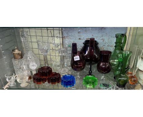 SHELF OF CUT GLASSWARE INC MALLET DECANTER AND STOPPER, SMALL CLARET JUG, MOULDED EGG CUPS AND TRENCHER SALTS