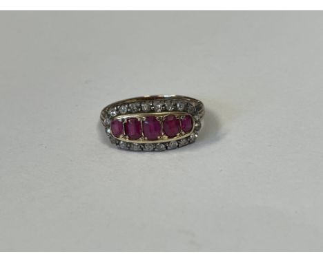 18K YELLOW GOLD FIVE CHANNEL SET RUBY AND DIAMOND RING SIZE M 4.1G APPROX