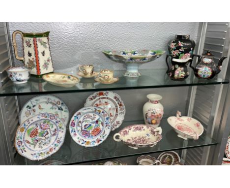 SHELF - MASONS IRONSTONE WARES INCLUDING PEDESTAL DISH, BIRD HEADED HEART SHAPED DISHES, VASES, ETC