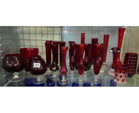 SELECTION OF RED AND RUBY GLASS SPILL VASES AND BRANDY BOWLS