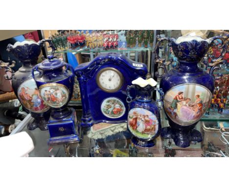 BLUE POTTERY MANTEL TIMEPIECE AND VASES