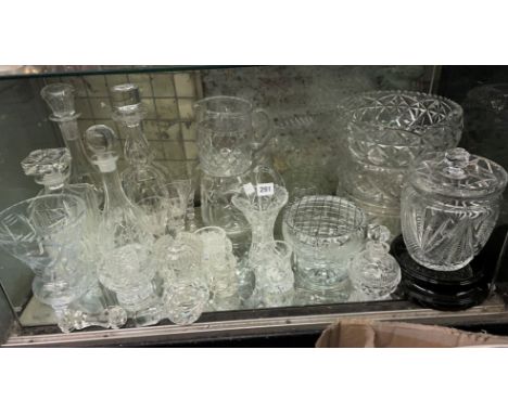 COMPLETE SHELF OF CUT GLASSWARES INCLUDING BISCUIT BARREL, ROSEBOWL, FRUIT BOWLS, ETC