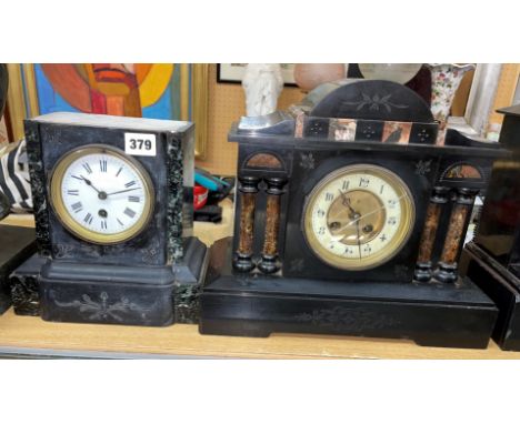 TWO BELGIAN SLATE AND MARBLE MANTEL CLOCKS, GLASS A/F AND TOP A/F