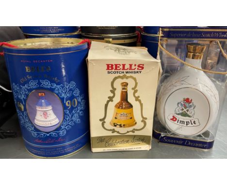 BOXED BELLS SCOTCH WHISKY, BELLS SCOTCH WHISKY ROYAL DECANTER THE QUEEN MOTHER AND A DIMPLEX SOUVENIR DECANTER