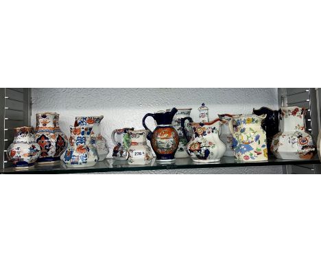 SHELF OF VARIOUS MASONS IRONSTONE OCTAGONAL FORM JUGS AND OTHERS