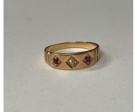 15CT GOLD GYPSY STYLE RUBY AND DIAMOND CHIP RING SIZE M 2.8G APPROX