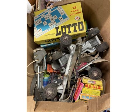 BOX CONTAINING VINTAGE  BOARD GAMES AND CARD GAMES, OLD ROLLERSKATES