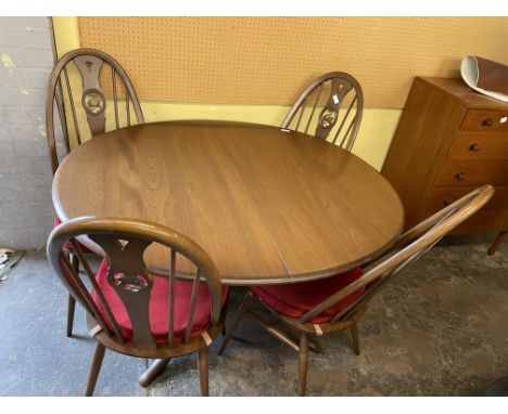 ERCOL ELM DINING TABLE WITH FOUR SWAN CAMEO STICK BACK CHAIRS 115CM D