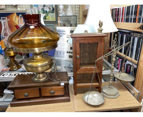 BRASS HAND SCALES, A SMALL GLAZED WALL HANGING CABINET AND AN ELECTRIFIED LAMP BOX