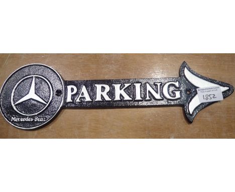 Cast iron Mercedes parking arrow sign, 45 x 15 cm. P&amp;P Group 2 (£18+VAT for the first lot and £3+VAT for subsequent lots)