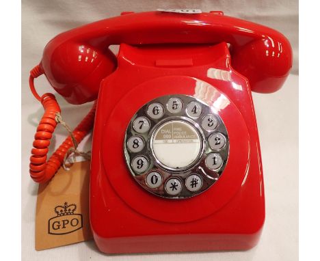 Red GPO746 retro push button phone, compatible with modern telephone banking and any standard analogue landline, with instruc