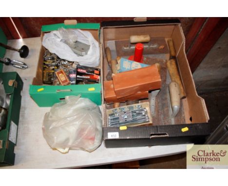 Two boxes containing various hand tools, padlocks etc