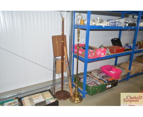 A brass standard lamp; a teak standard lamp and various other items
