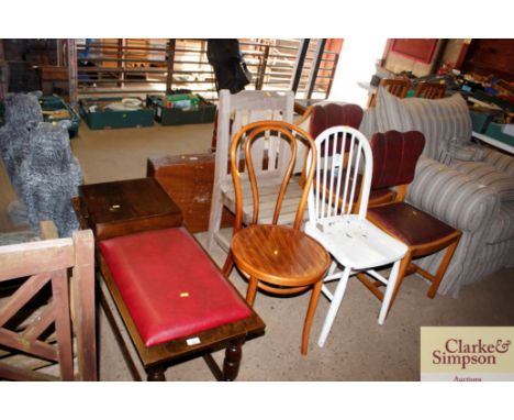 A telephone table together with a bentwood chair; a stick back chair; a teak garden chair and a pair of floral upholstered ch