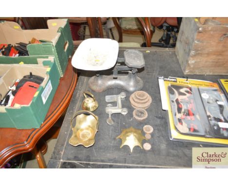 A set of kitchen scales and weights etc