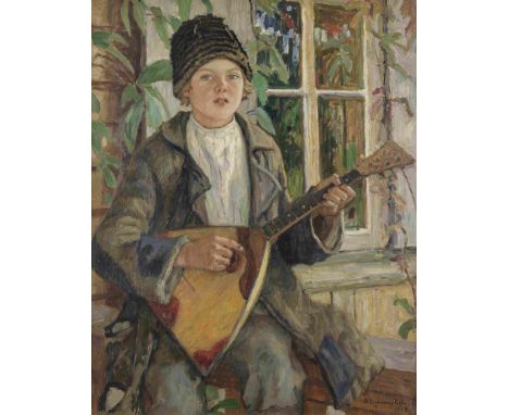 Nikolai Petrovich Bogdanov-Bel'sky (Russian, 1868-1945)Young boy with a balalaika signed in Latin and dated '1930' (lower rig
