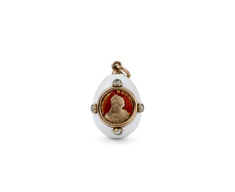 A jewelled gold and enamel miniature egg pendantFabergé, workmaster Mikhail Perkhin, St. Petersburg, before 1903enamelled in 