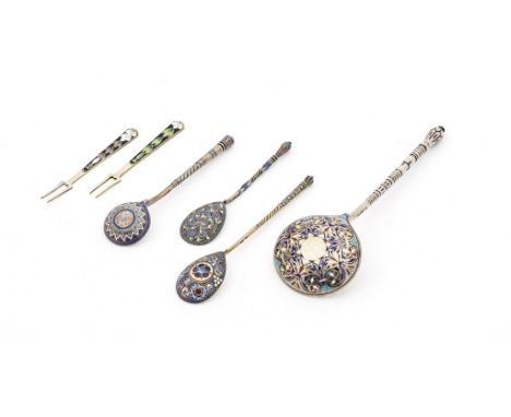 A group of four silver-gilt enamel spoonsvarious makers, Moscow, late 19th century - early 20th centurycomprising a serving s