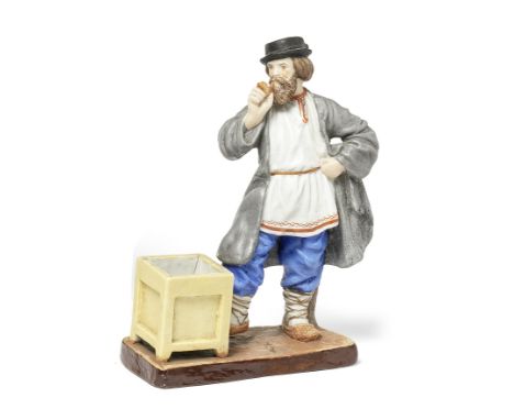 A porcelain salt cellar modelled as a pipe smokerGardner Factory, Moscow, late 19th - early 20th centurymodelled as a standin