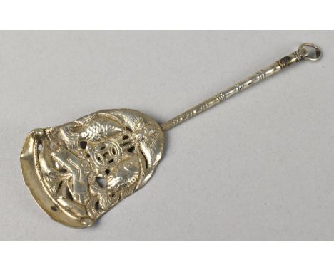 A Chinese Silver Scraper with Pierced and Repousse Fish Decoration, 9cm Long