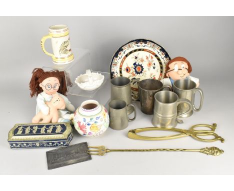 A Collection of Various Sundries to Comprise Pewter and Silver Plated Tankards, Last Supper Cast Plaque, Poole Vase, Miss Bis