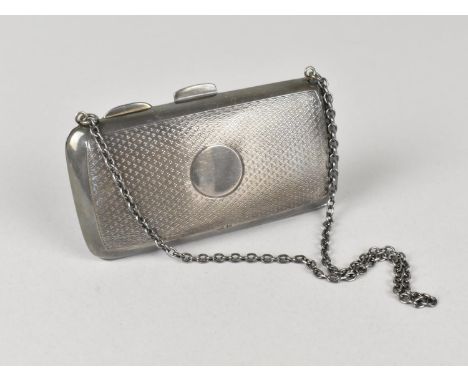 A Silver Ladies Purse Having Engine Turned Decoration and Leather Fitted Inner, on Chain, Birmingham Hallmark, 10cm wide