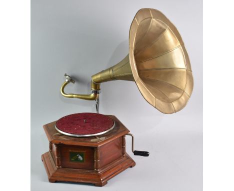 A Reproduction Hexagonal Wind Up Gramophone As Was Made By His Masters Voice, with Brass Trumpet, Working Order