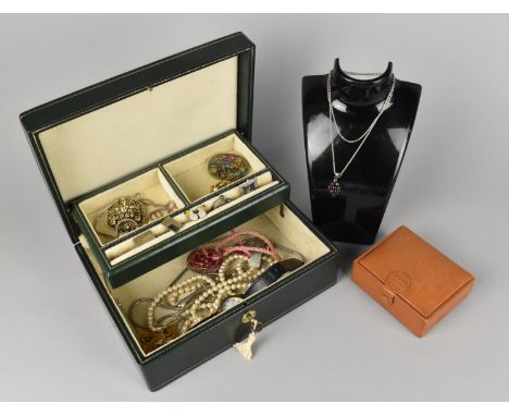 A Green Leather Mounted Jewellery Box Containing Various Jewellery to include Garnet Pendant on Silver Chain, Silver Chains, 