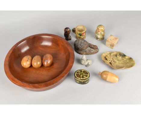 A Collection of Various Items to Comprise Turned Treen Bowl, Treen Specimen Eggs in Wych Elm, Burr Oak and Tulipwood, Treen T