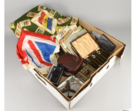 A Collection of Various Vintage Items to Comprise Cigarette Silk Panel, Union Jack, Coffee Bean Spoons, Postcards etc