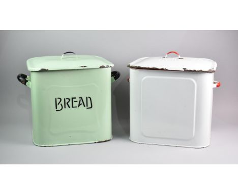 Two Vintage Enamelled Lidded Bread Bins