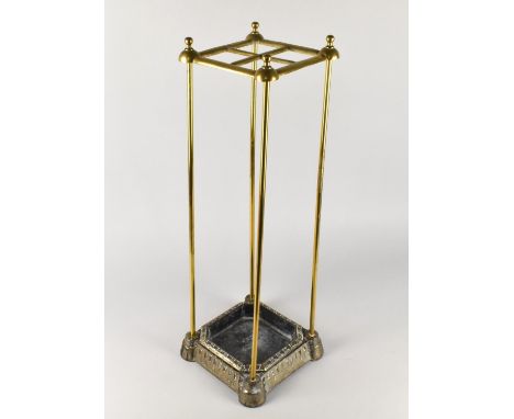 A Four Section Brass and Iron Stick Stand with Removable Tray, 21cms Square and 65cms High