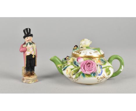 A Porcelain Miniature Encrusted Teapot Together with a Porcelain Miniature Study of a Man in Top Hat (Various Condition)
