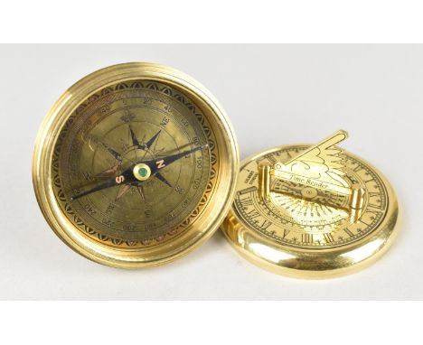 A Reproduction Circular Brass Cased Sundial and Compass, 7.5cms Diameter