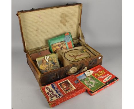 A Vintage Leather Travelling Case with G.W.R Paper Labels to Include Paddington Containing Various Vintage Jigsaws etc (Unche