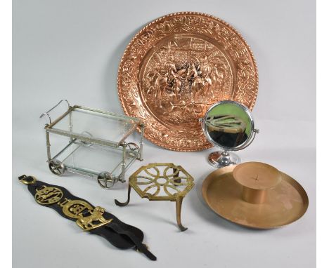 A Collection of Metalwares to Comprise Silver Plate and Glass Two Shelf Miniature Trolley, Trivet Stand, Horse Brass etc