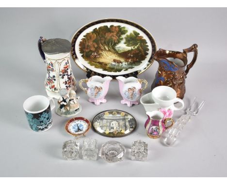 A Collection of Ceramics and Glass to Comprise Lustre Relief Jug, Glass Cruets, Moon Mug etc