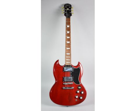 A Gibson Epiphone Electric Guitar with Cherry Red Mahogany Finish and Black Scratch Guard, with Case