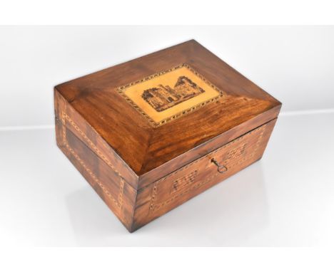 A 19th Century Tunbridge Ware Mahogany Writing Box, the Lid with Inlaid Mosaic Marquetry Panel of Castle Within a Parquetry B