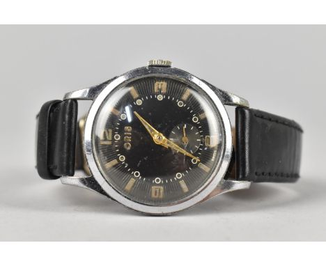 A Vintage Oris Black Face Wristwatch, Gold Coloured Hands, Bronze Arabic Numerals at Compass Points and Engraved Minute Chapt