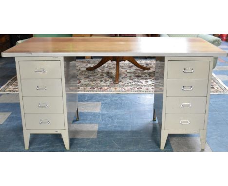 A Vintage Metal Kneehole Desk with Four Drawers Either Side Kneehole, 160cms by 84cms
