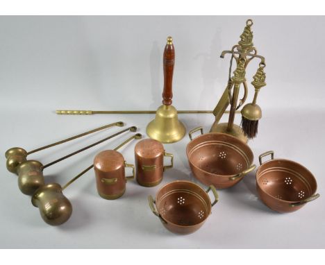 A Collection of Various Items of Copper and Brass to include Hand Bell, Companion Set, Salt and Pepper Dusters, Graduated Col