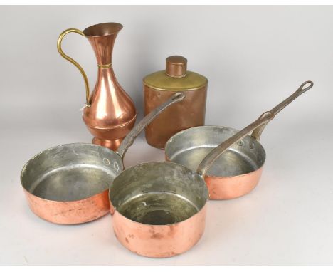 A Collection of Copperware to Comprise Graduated Set of Three Heavy Copper Pans with Iron Handles, Copper Container and a Cop