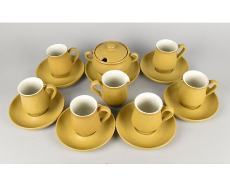 A Denby Stoneware Mustard Glazed Coffee Set to Comprise Six Cups, Six Saucers, Jug, Lidded Pot and Stand (Some Condition