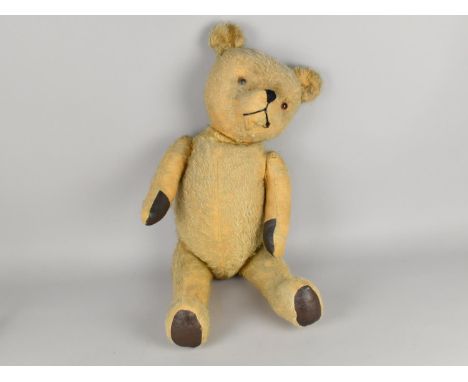 A Vintage Straw Filled Large Teddy Bear, Glass Eyes, 66cms High